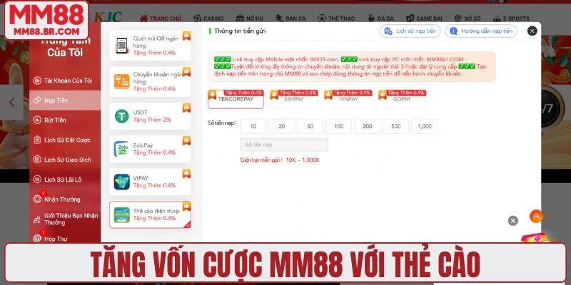 Tăng vốn cược MM88 với thẻ cào